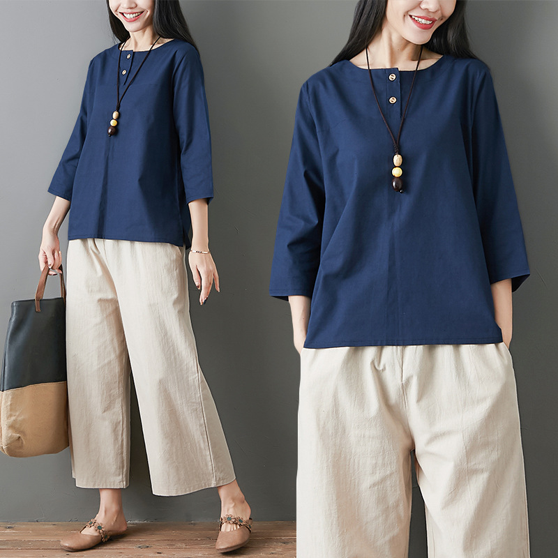 New Style Cotton And Linen Retro Wooden Button Round Neck Pullover T Shirt Women