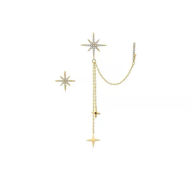 Micro-inlaid Zircon Double-pointed Star Stud Earrings Sterling Silver Earrings Long