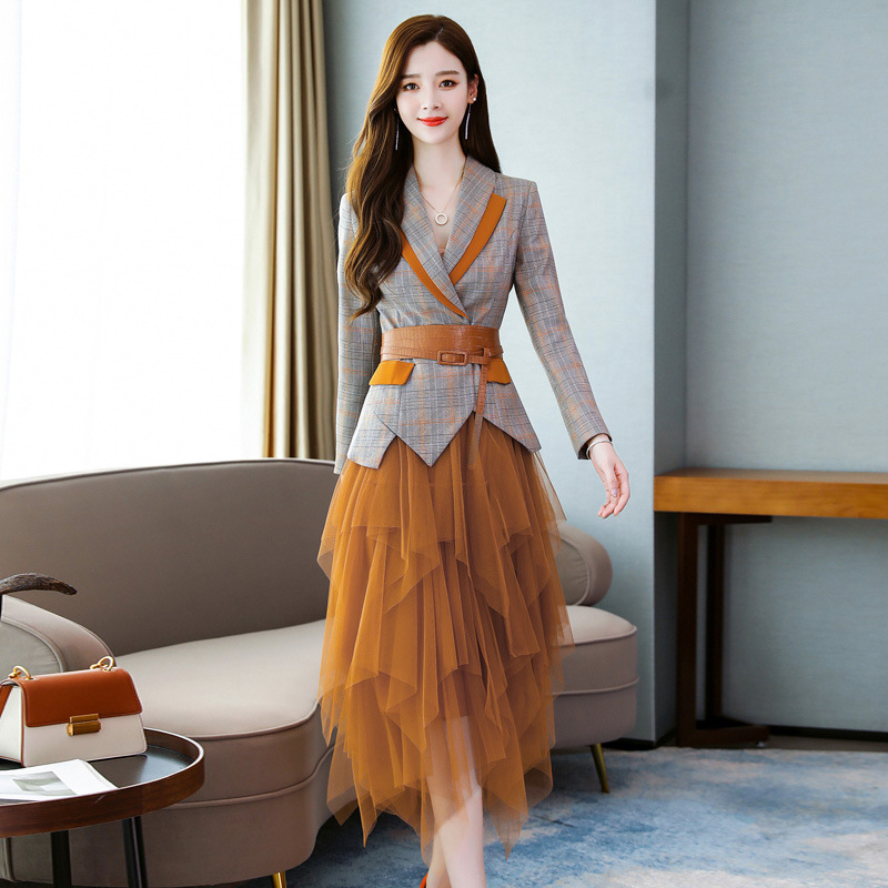 Spring And Autumn Suit Dress Suit Female Waist Waist Temperament Was Thin Goddess Fan Mesh Skirt