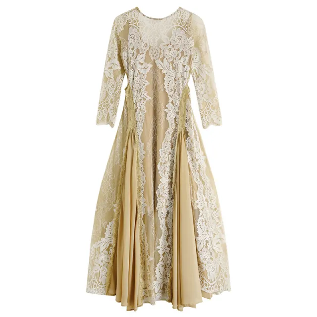 Women's Stitching Halter Holiday Ethnic Style Dress Lace Chiffon Travel Photo Long Skirt Gold - Shop at LoveMi