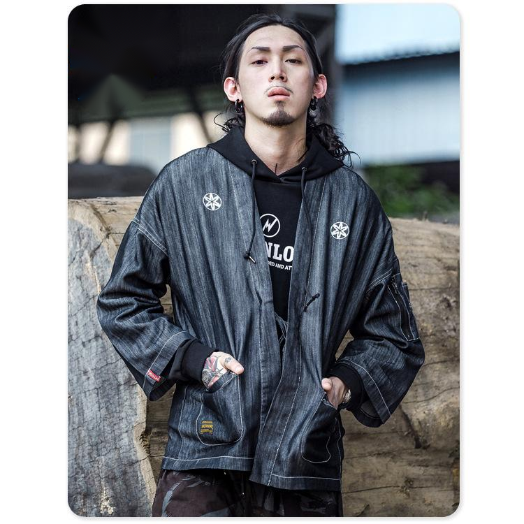 Japanese style embroidered denim kimono cardigan thin coat