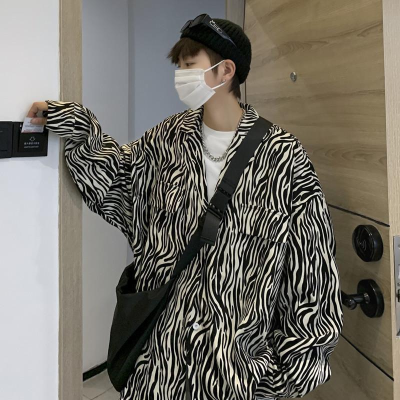 Spring Zebra Print Shirt Men's Korean Style Trendy Top Ins Hong Kong Style Long-Sleeved Shirt