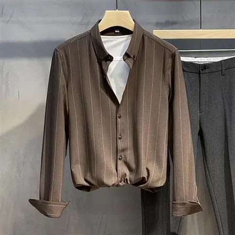 Spring And Autumn White Shirt Men's Long Sleeve All Match Inch Shirt Brown - Shop at LoveMi
