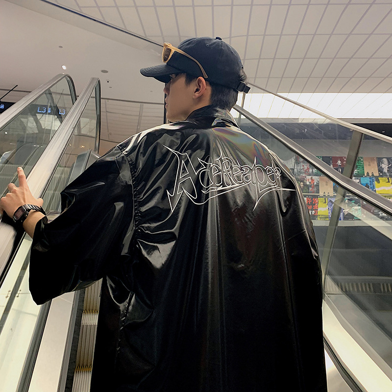  Summer Men's Short Sleeve Shirt Hong Kong Style Loose Print Street Fashion Shiny Shirt Men