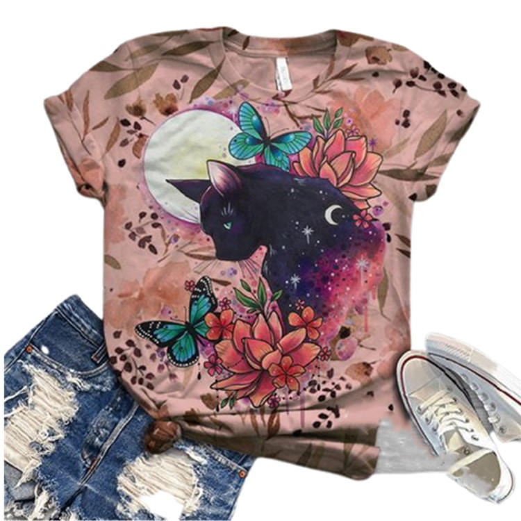 Cute Animal Print Short Sleeve Round Neck