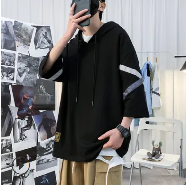 Loose Large Unisex Hip Hop Hooded Sleeve T Shirt Tx0218 Black - Shop at LoveMi