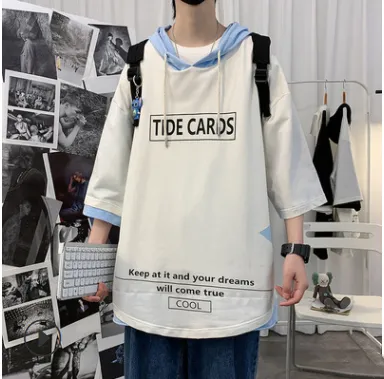 Loose Large Unisex Hip Hop Hooded Sleeve T Shirt Blue - Shop at LoveMi