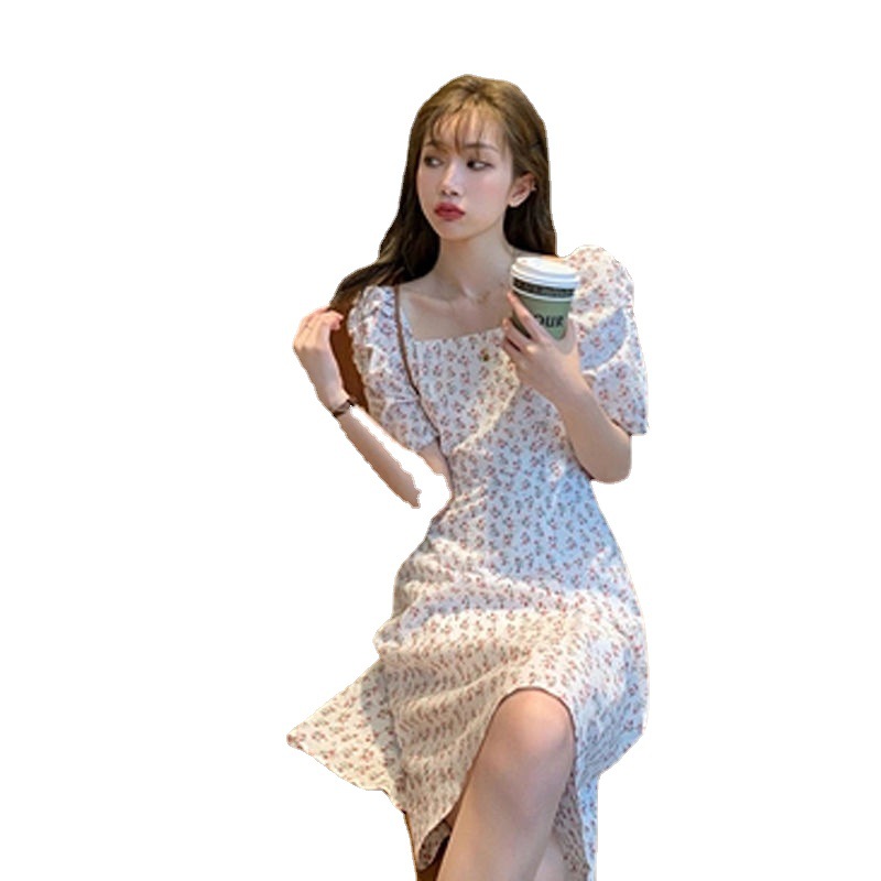  Floral Temperament French rRetro Romantic Fairy Skirt Square Collar Shows Thin Mid Length Dress