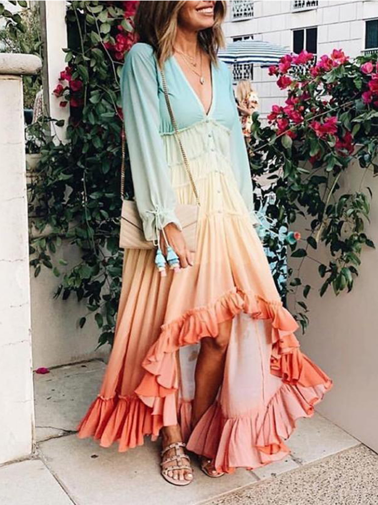  Summer And Winter European And American Foreign Trade Women's Ebay Amazon Deep V Long-sleeved Gradient Printing Dress Long Skirt