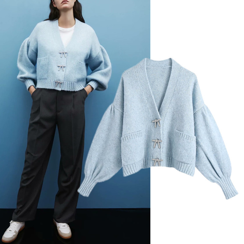 Spliced Lantern Sleeve Knitted Cardigan Sweater