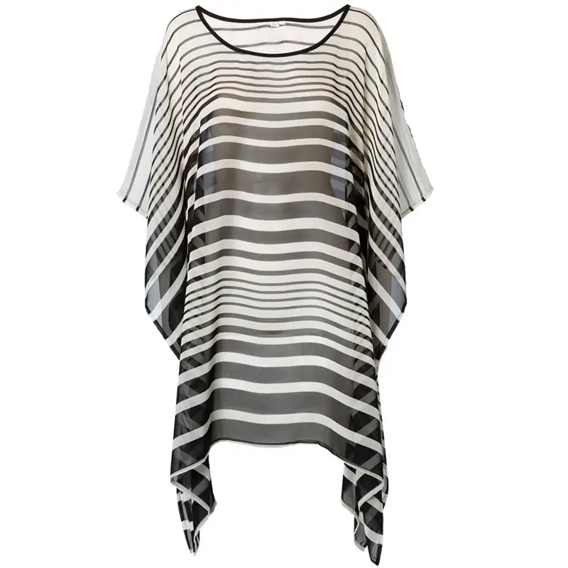 Chiffon Black And White Striped Loose Beach Skirt Bikini Blouse Holiday Skirt Seaside Sunscreen Shirt