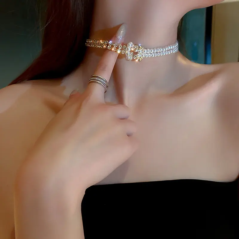 Pearl Crystal Choker Necklaces for Women Short Chain Rhinestone