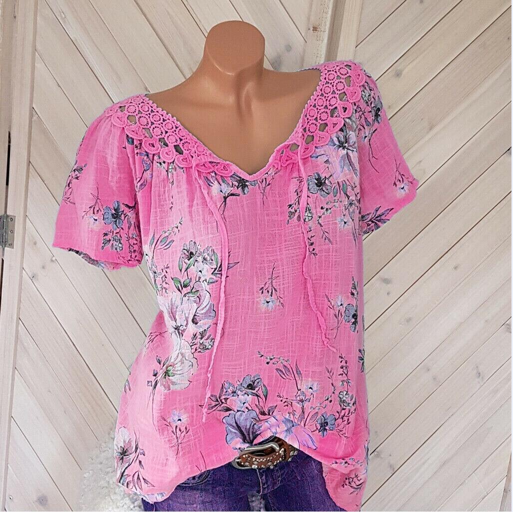 Lace V-Neck Print Short Sleeves