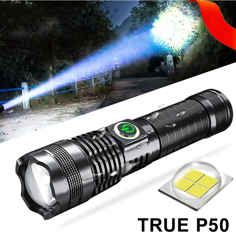 P50 Strong Light Zoom Flashlight Battery Display Usb Rechargeable