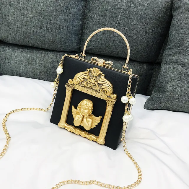 New Small Bag In Autumn Female Baroque Angel Embossed Handbag Chain Case Bag Shoulder Bag Black - Shop at LoveMi
