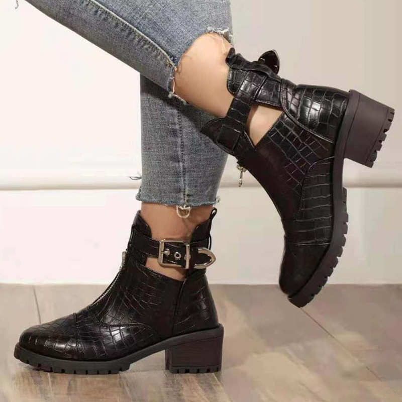 New Martin Boots Thick Heel Buckle Strap Crocodile Print Mid Heel Short Tube Women's Shoes
