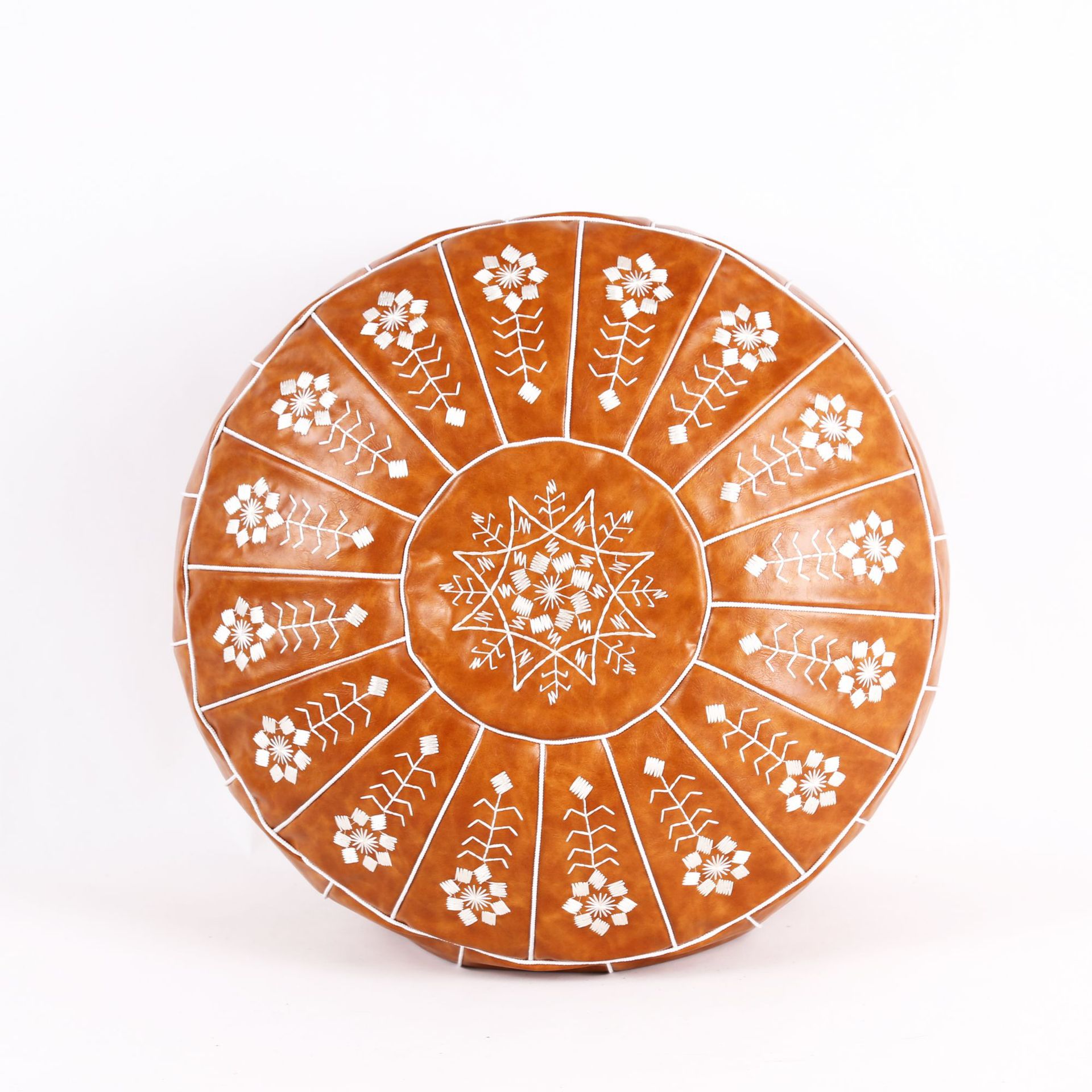 Vegan Leather Embroidered Pouf Bohemian Style Cover