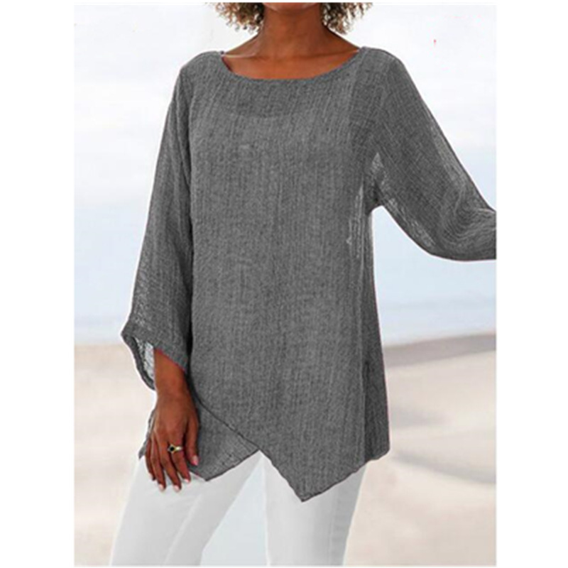 Cotton And Linen Round Neck Solid Color Long-sleeved Irregular Top