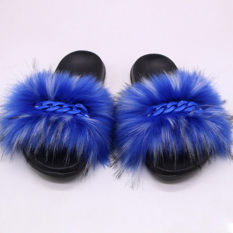 Furry Fur Slippers Fluffy Flip Flops Women Summer Faux Fox Sandals Designer Chain Plush Raccoon Fur Slides Beach Home Flat Shoes A6 44 45 - Shop at LoveMi