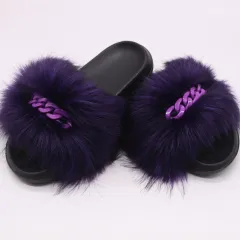 Furry Fur Slippers Fluffy Flip Flops Women Summer Faux Fox Sandals Designer Chain Plush Raccoon Fur Slides Beach Home Flat Shoes - A3-36 37 - View 1