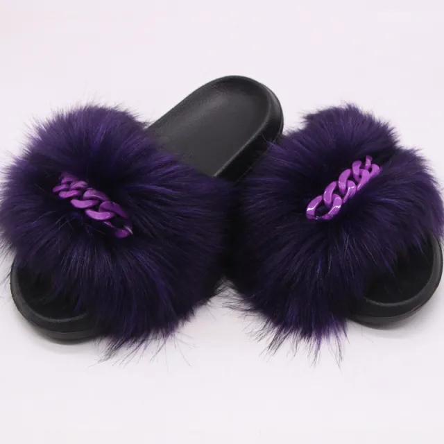 Furry Fur Slippers Fluffy Flip Flops Women Summer Faux Fox Sandals Designer Chain Plush Raccoon Fur Slides Beach Home Flat Shoes A3 36 37 - Shop at LoveMi