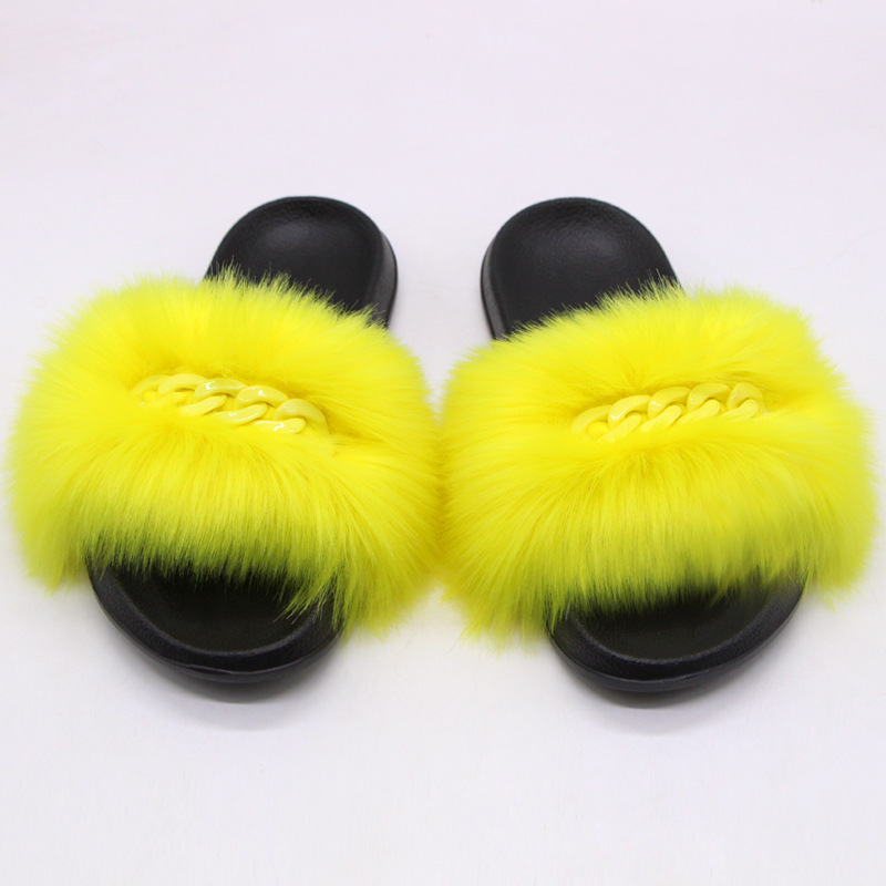 Furry Fur Slippers Fluffy Flip Flops Women Summer Faux Fox Sandals Designer Chain Plush Raccoon Fur Slides Beach Home Flat Shoes A2 42 43 - Shop at LoveMi