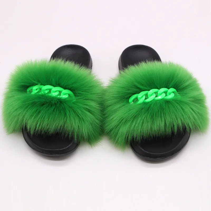 Furry Fur Slippers Fluffy Flip Flops Women Summer Faux Fox Sandals Designer Chain Plush Raccoon Fur Slides Beach Home Flat Shoes - A1-40 41