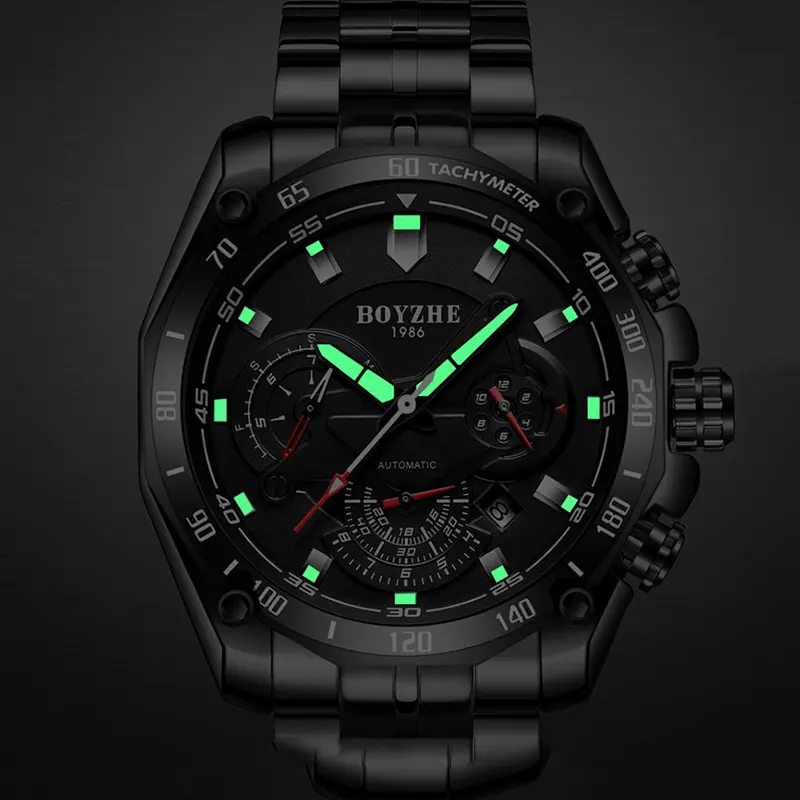 BOYZHE Certified Brand Watch Steel Belt Week Display Luminous