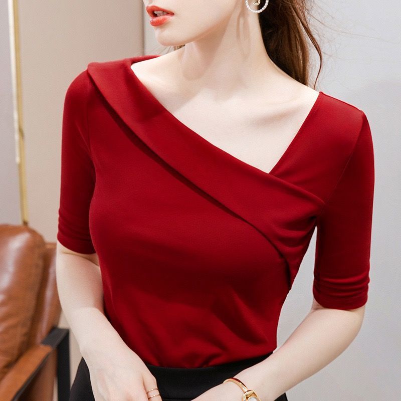 Pure Cotton Sleeve T-shirt Women Spring And Summer New Style Compassionate Small Shirt Five-Point Sleeve Exposed Clavicle Diagonal Shoulder Top