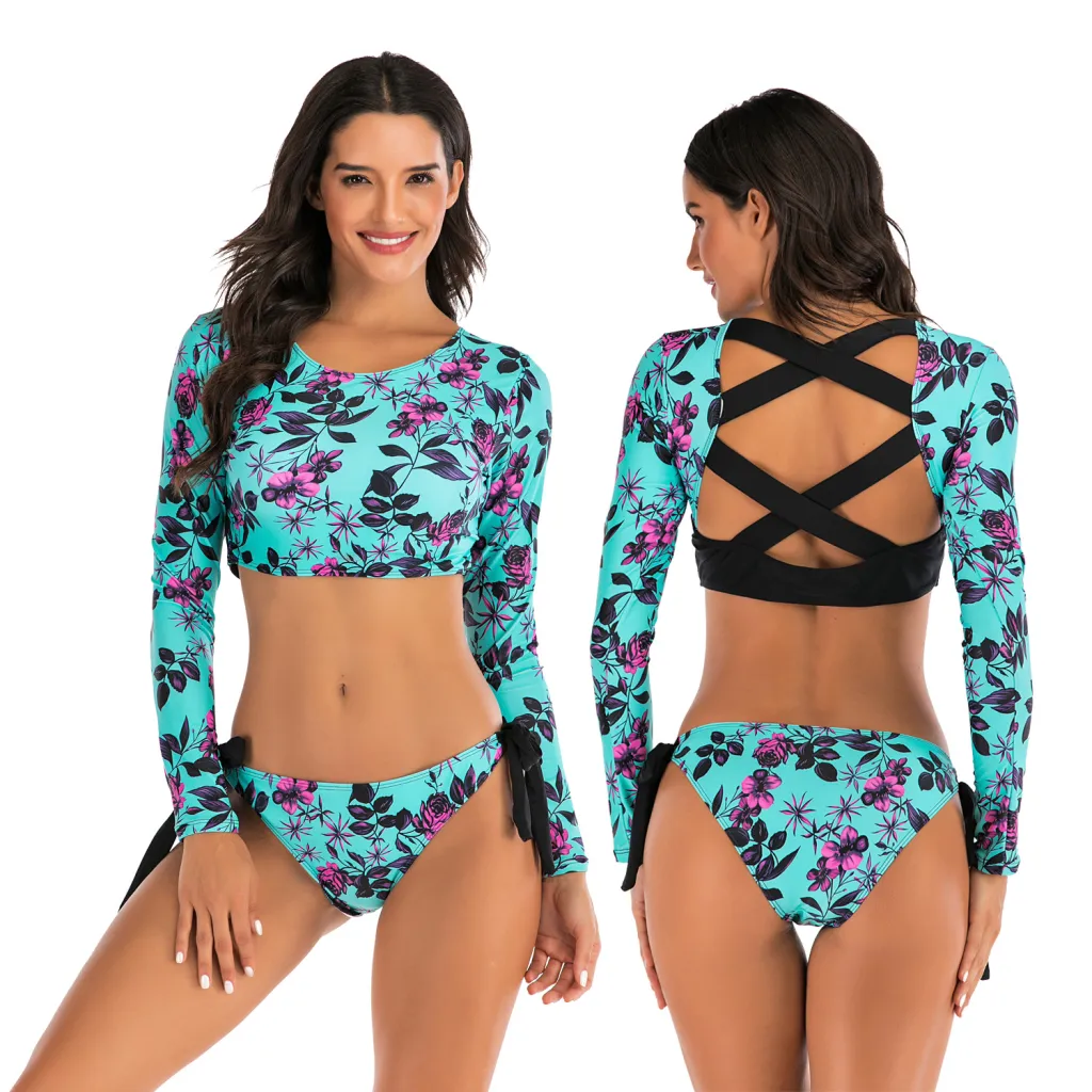 European And American Split Long-sleeved Diving Surfing Suit Swimsuit - Blue