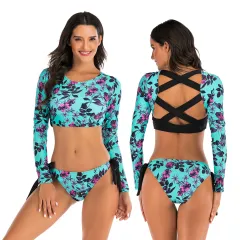 European And American Split Long-sleeved Diving Surfing Suit Swimsuit - Blue - View 1