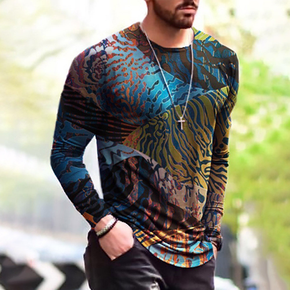 New Round Neck Desert Pattern Printed Blue Men's Long Sleeved T Shirt