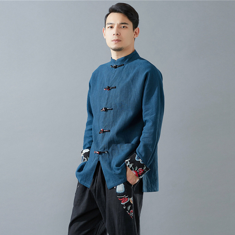 Hand-buttoned linen single coat men's shirt