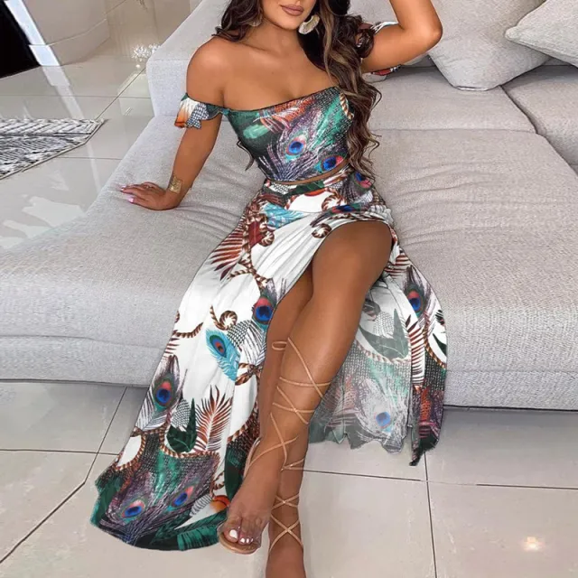 Summer Slim French Bohemian Print Mid Length Retro Tube Top Suit Dress Women Peacock Feather S - Shop at LoveMi