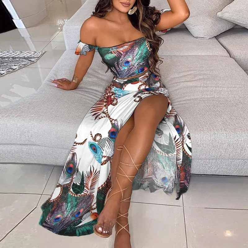 Summer Slim French Bohemian Print Mid-Length Retro Tube Top Suit Dress Women - Peacock Feather-S