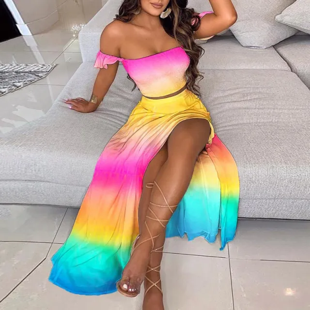 Summer Slim French Bohemian Print Mid Length Retro Tube Top Suit Dress Women Rainbow - Shop at LoveMi