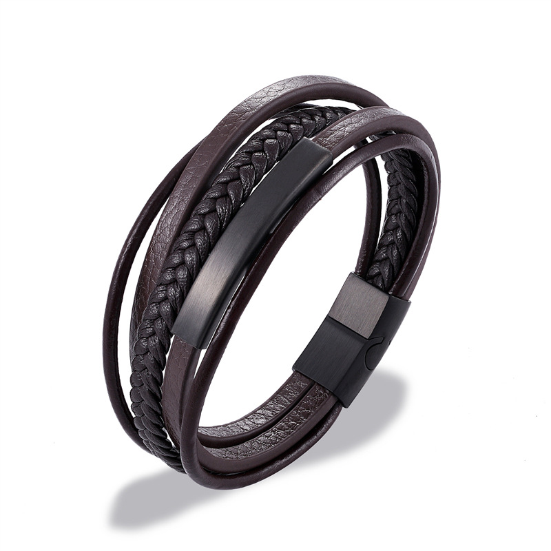 Men's Stainless Steel Wear Tube Leather Bracelet Simple Magnet Frosted Buckle