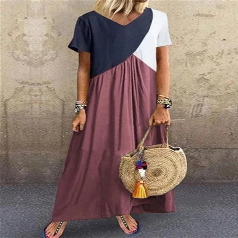 Stitching Multicolor V-neck Short-sleeved Long Skirt Dress