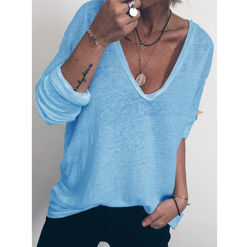 Loose Long-sleeved V-neck Printed T-shirt