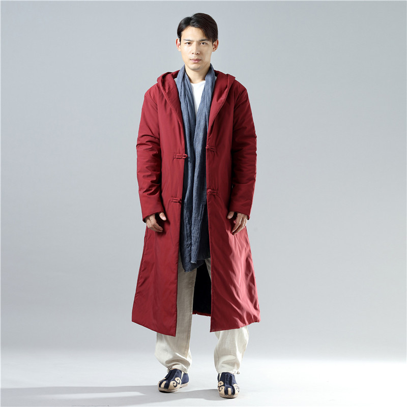 Men's winter buckle hooded mid-length cotton jacket