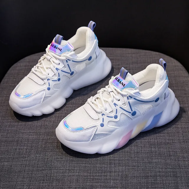 Mesh Old Shoes Female Leather Spring New Casual Rainbow Bottom Sports Shoes Breathable Running Shoes Single Shoes Blue - Shop at LoveMi