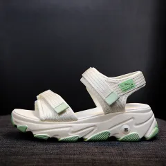New Color Matching Lightweight Sandals Velcro Canvas Straps Student Girls - Green - View 1