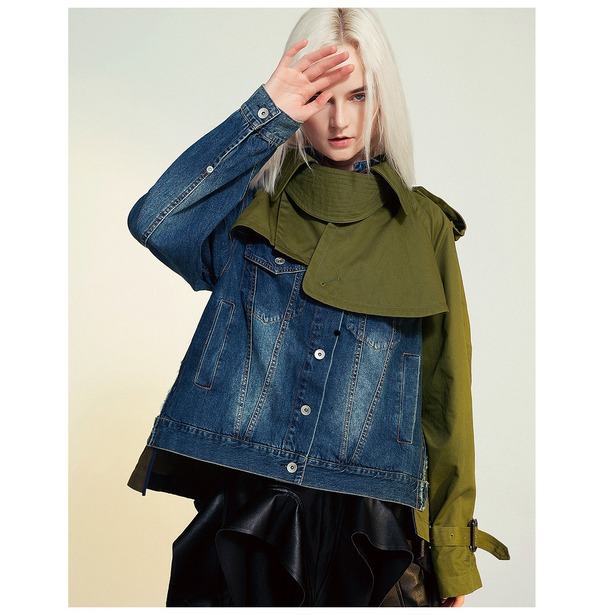 Denim Stitching Contrast Color Taped Windbreaker Jacket