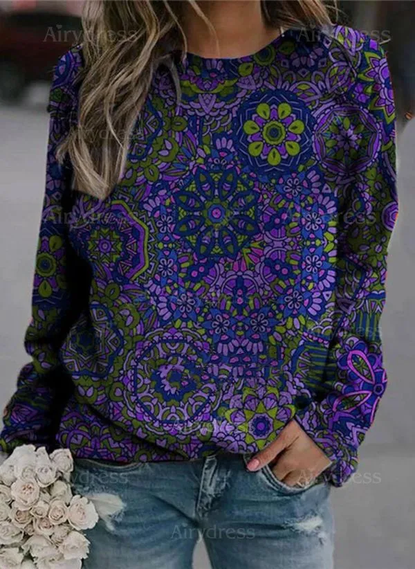 Turtleneck Printed Round Neck Long Sleeve Sweater Purple - Shop at LoveMi
