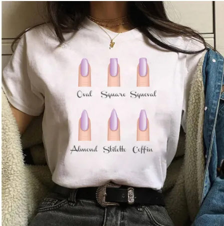 European And American INS Style Nail Print Ladies T Shirt 3White - Shop at LoveMi