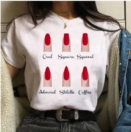 European And American INS Style Nail Print Ladies T Shirt 5White - Shop at LoveMi