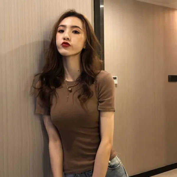 Letter Embroidery Slim Fashion Bottoming Women's Short Sleeve Brown - Shop at LoveMi