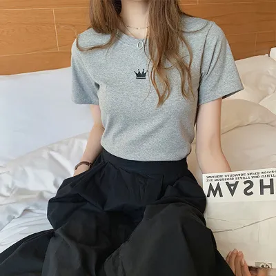 Letter Embroidery Slim Fashion Bottoming Women's Short Sleeve Crown Grey - Shop at LoveMi