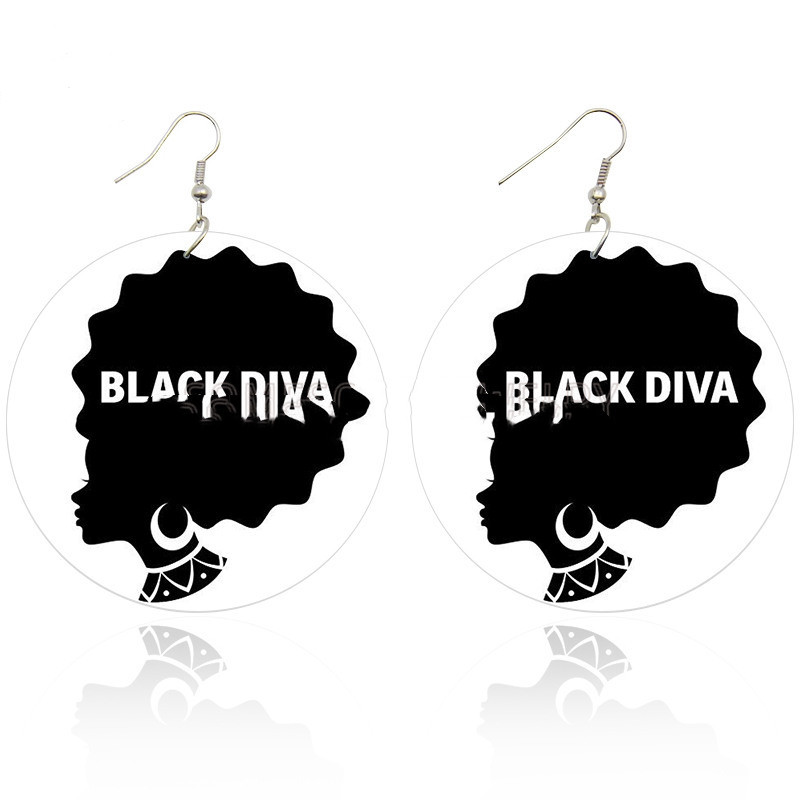 Exaggerated African Fashion Wooden Printed Earrings Whiteboard Black Letter Earrings Earrings Cross-border Jewelry