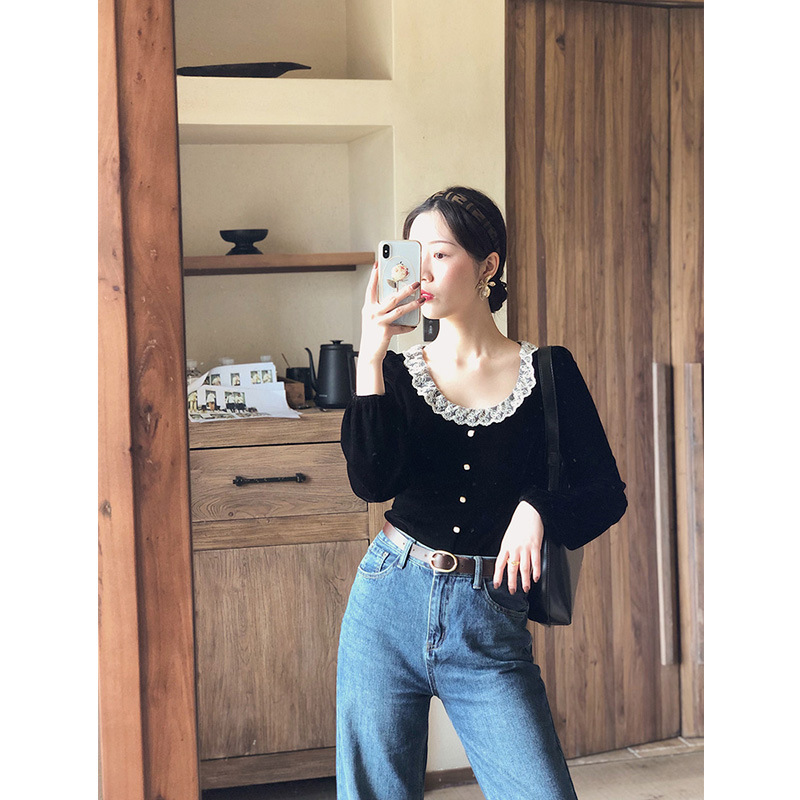 Gold Velvet Top Women's New Autumn And Winter Long-Sleeved T-Shirt Bottoming Shirt Slim Short French Palace Style